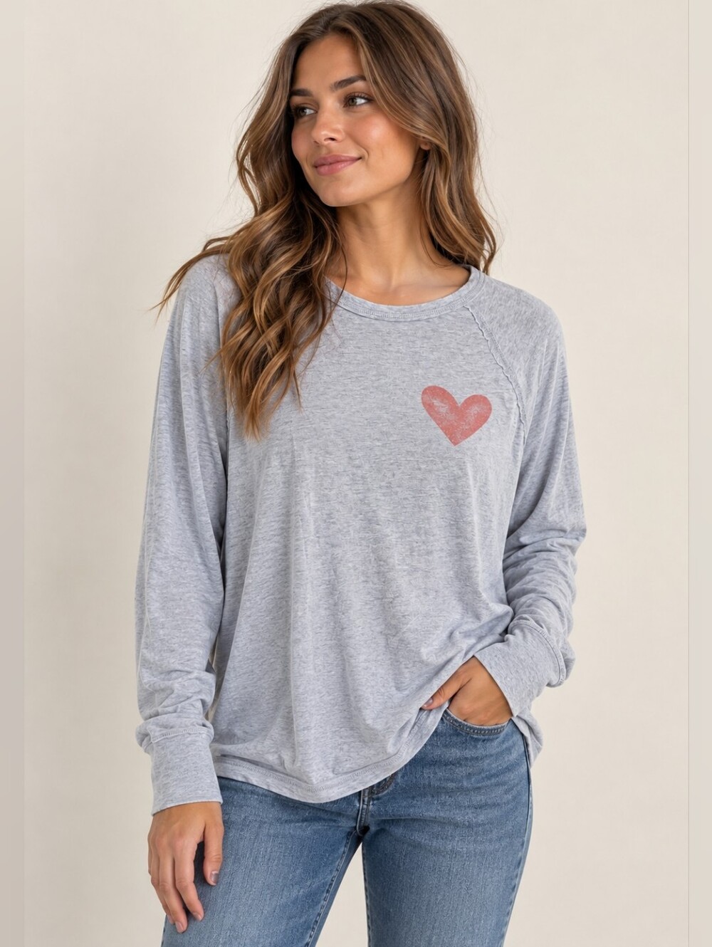4/$40 aerie Heather Gray Long-Sleeve Tee with Red Heart